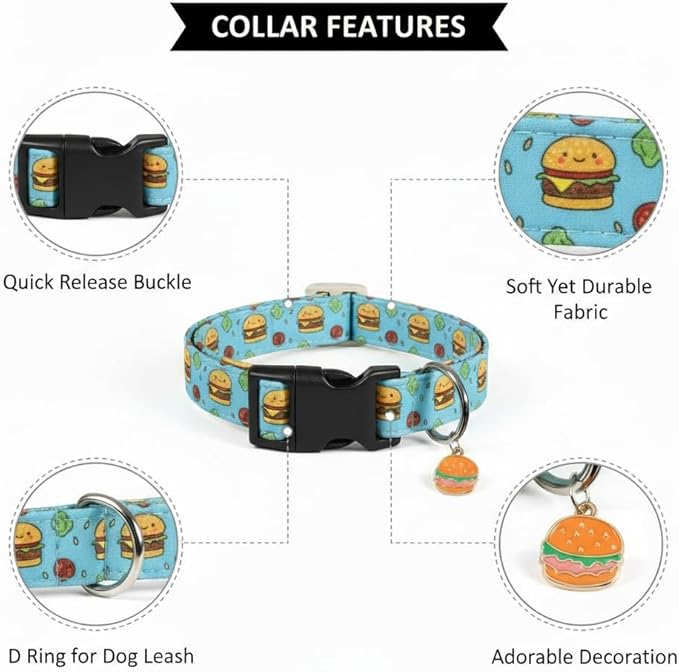 Cute Dog Collar, Blue Dog Collar with Burger Pattern and Cute Charm, Puppy Collar with Quick Release Buckle and Durable Fabric, Suitable for Medium and Large Dogs