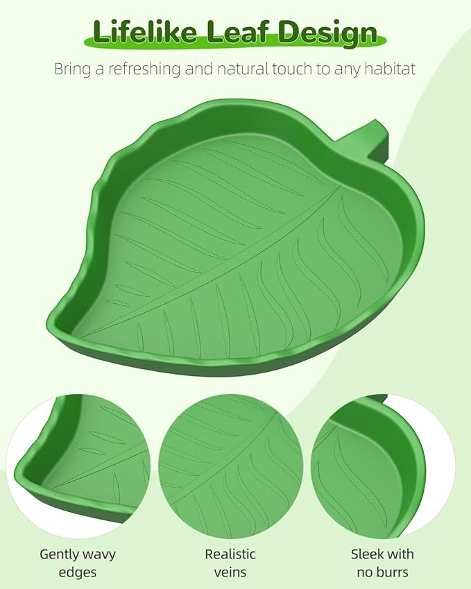 Pawfly 2 Pcs Leaf Reptile Water Dish, Reptile Water Bowl, Tortoise Habitat Accessories, Bearded Dragon Water Bowl, Pet Food Feeding Plate for Turtle Small Snake Lizard, 2 Sizes