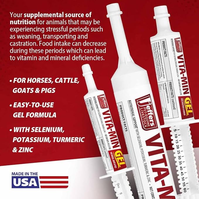 Jeffers Vita-Min Gel for Livestock & Horses – Multivitamin & Mineral Supplement with Selenium, Zinc, Potassium & Turmeric – Easy Oral Gel for Cattle, Goats, Sheep & Pig – 60 CC Tube - 12 Pack
