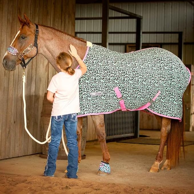 Jeffers Expression Fleece Cooler for Horses, Standard Neck, Party Cheetah 69"- Equine Towel Blanket, Moisture Absorbent, Light Weight, Best for Drying, Exercise, Bathing, Adjustable Belly Bands