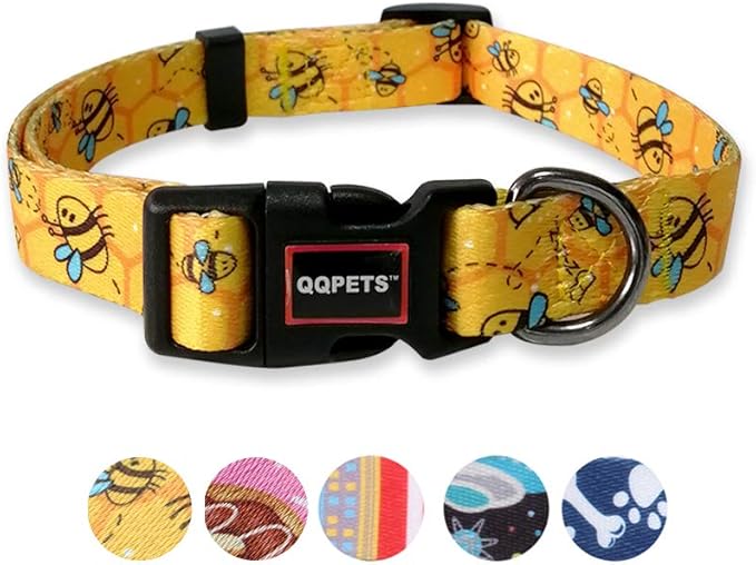 QQPETS Adjustable Soft Dog Collar: Print Flower Pink Multicolor Cute Patterns for XS Small Medium Large Pet Girl Boy Puppy Walking Running Training (L, Yellow Bee)