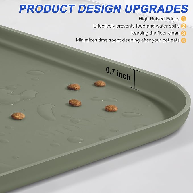 Silicone Pet Feeding Mat with Raised Edge for Food and Water, Dog Bowl Mats, Cat Bowls Placemat with High Lip for Floor Waterproof, Rubber Tray for Cats and Dogs 19 x 12 x0.7 Light Olive Green