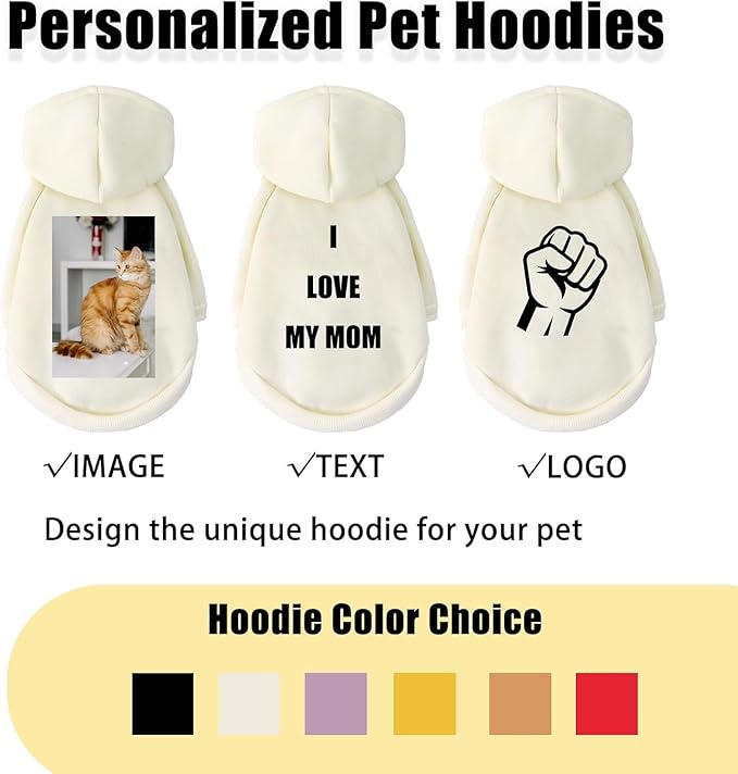 Custom Dog Hoodie, Personalized Sweatshirt with Photo Text Name Logo, Customized Hooded Sweater for Small Medium Large Dogs & Cats (Beige, 2XL)