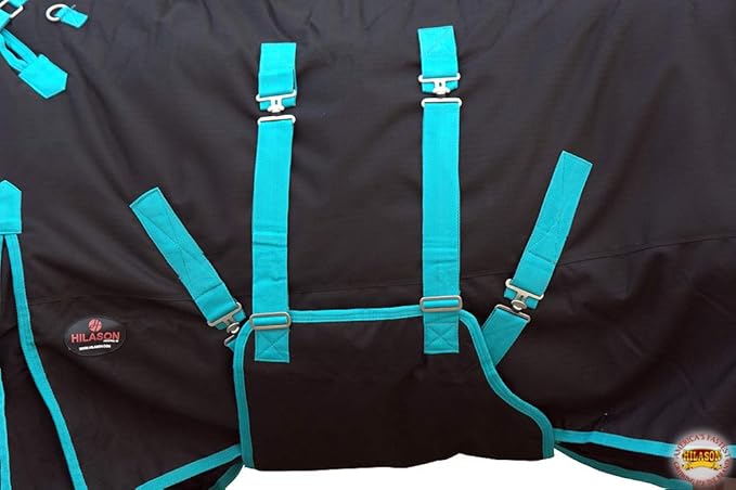 HILASON Black with Turquoise Trims 72 inch 1200D Winter Waterproof Poly Horse Turnout Blanket Belly Wrap