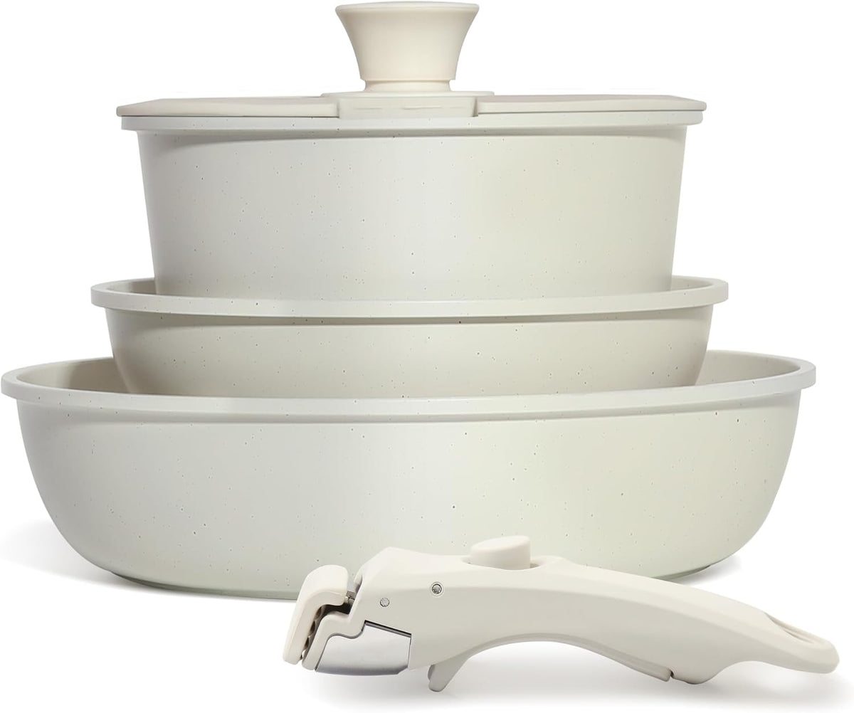 5PCS Pots and Pans Set Non Stick, Kitchen Cookware Sets with Detachable Handle, Induction Cookware Sets, Non Stick RV Cookware Cooking Set, Dishwasher ＆ Oven Safe, PFOA Free, Cream White