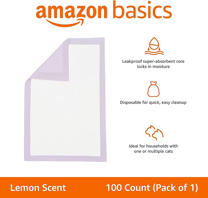 Amazon Basics Cat Pee Pads, 100 Count, Universal Fit for Litter Box, Odor Control with Lemon Scent, White/Purple
