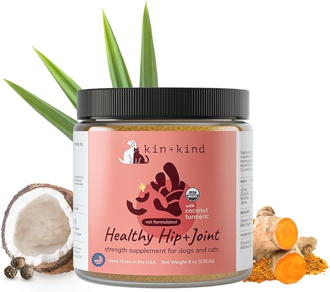 kin+kind Hip+Joint Supplement Dogs & Cats - Vet Formulated Natural Formula with Organic Turmeric, Black Pepper and Coconut- Made in USA - 8 oz (Large)