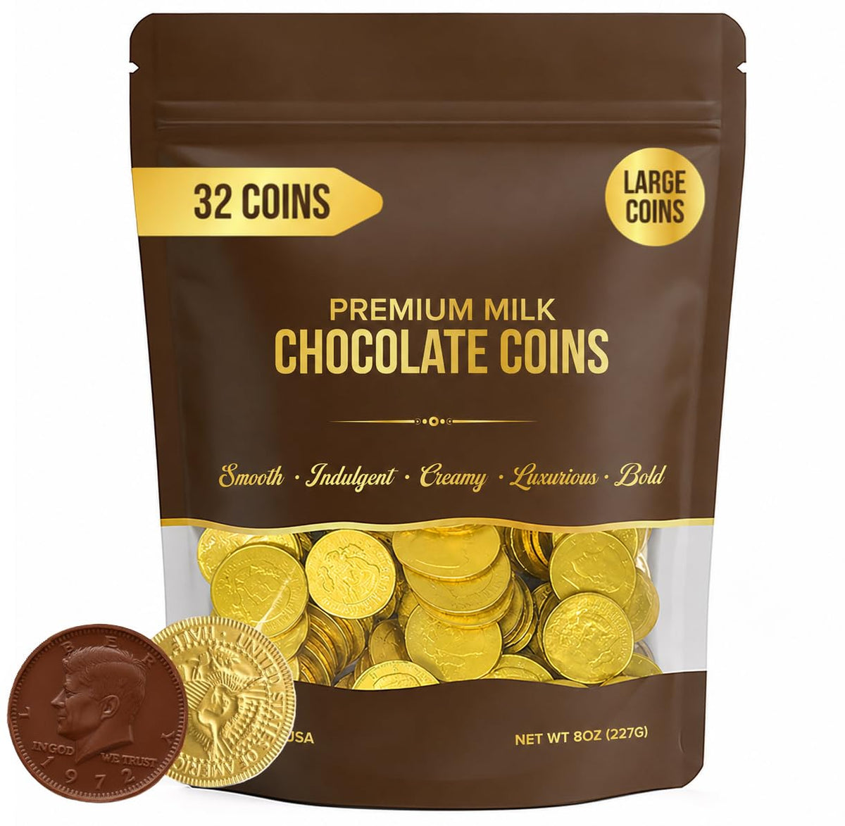 Large Chocolate Gold Coins, 32-Pack, Milk Chocolate Candy, 1.5 Inch Half Dollar Size, Gold Foil, Individually Wrapped Party Favors For Holidays, Candy Buffets, Goodie Bags, Treasure & Easter Hunts