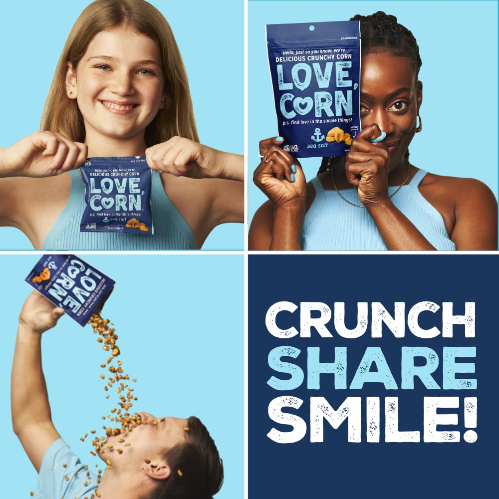 LOVE CORN Fab Four Variety Pack – Hot & Spicy, Sea Salt, BBQ, Salt & Vinegar – Crunchy Roasted Corn Snacks, Vegan, Gluten Free – Lunchbox, Office & On-the-Go, Alternative to Chips – 0.7oz × 20 Bags