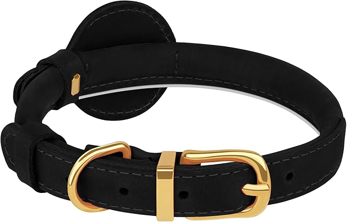 OOPSDOGGY Rolled Leather Dog Collar with Airtag Holder - Reflective Round Airtag Dog Collar - Soft Tracking Pet Collar for Small Dogs Puppy Cats Kitten (Black, XXL, 20"-24")
