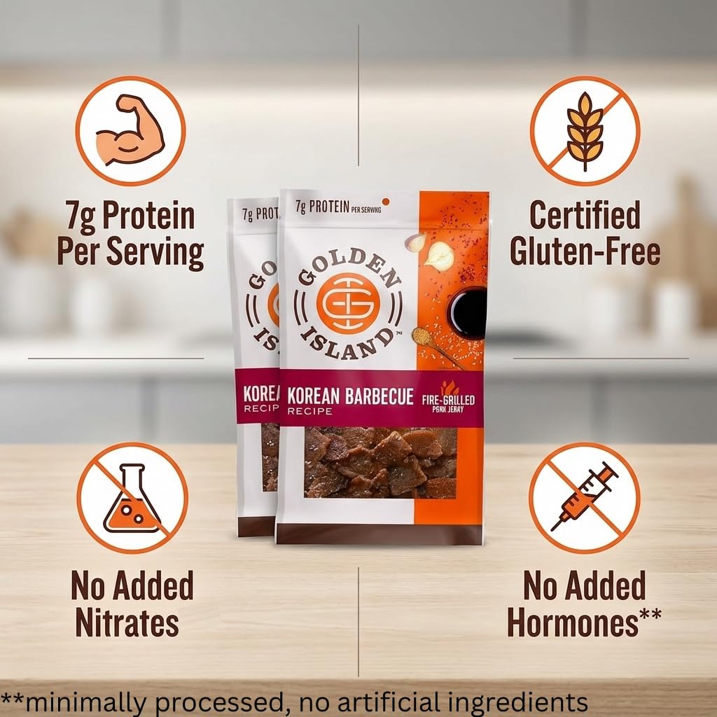 Golden Island Korean BBQ Pork Jerky - (2 Pack) 9 oz Resealable Bag - Fire-Grilled Specialty Meat Snack - Sweet & Savory Protein Snack - 7g Protein per Serving - Made with 100% All-Natural Pork