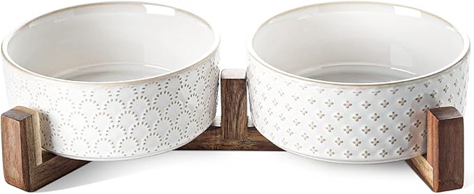 Dog Bowls Ceramic for Small Medium Dogs - 3-Cup Dual Food & Water Bowl Set with Acacia Wood Stand, Non-Slip Anti-Tip Elevated Design