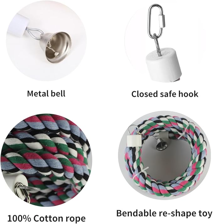 65inch Cotton Bendable Rope(Plus 1 Set 3 Steel Bells) Perch Swing Bird Chew Toys Amazon Parrots Cage Toys with Bell Swing Climbing Standing Bungee Bird Toys for Large to Regular Size Birds