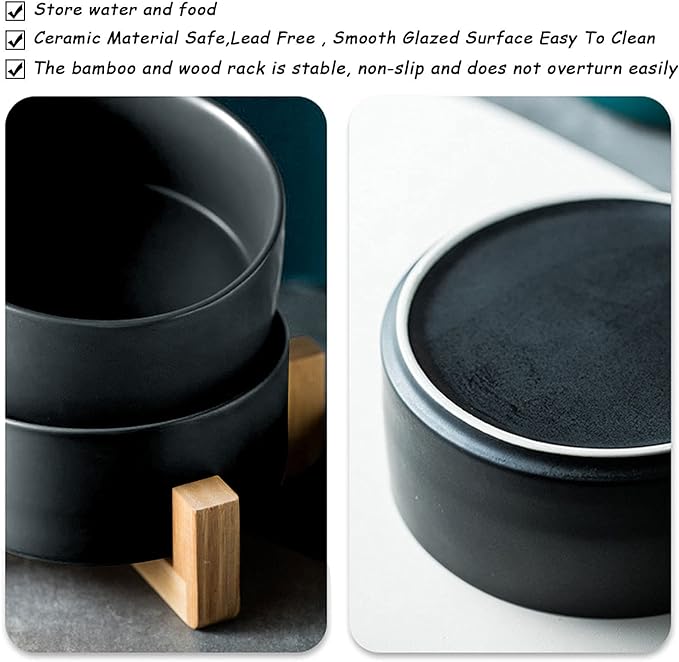 Petygooing Ceramic Black Cat Dog Bowl Set with Stand,Small Dog Bowls, Pet Food and Water Dish, Anti Slip Set of 2 Cat Bowl-Pet Food Dishes- Pet Bowls Small Size Pet (13.5OZ/5.1 in)
