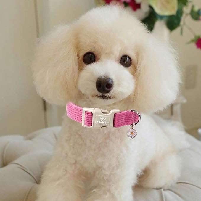 Cute Corduroy Dog Collar - Deep Rose Adjustable Dog Collars for Large Dogs 50-80lbs, Fade-Proof with Secure Snap & Little Charm, Christmas Birthday Gift, L