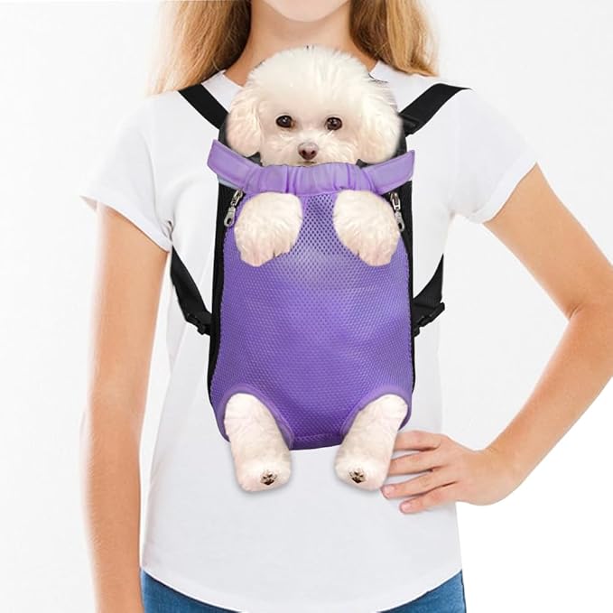 FEimaX Dog Carrier Backpack Pet Legs Out Front Cat Travel Bag, Adjustable Puppy Backpacks Carriers Hands-Free for Small Medium Dogs Cats Hiking Traveling Camping Daily Walking (Large, Purple)