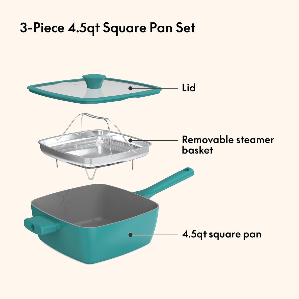 So Yummy by bella 3 Piece Square Pan Set, Aluminum Cookware Set w EverGood™ Ceramic Nonstick Coating, Dishwasher Safe Silicone & Glass Lids, Oven Safe & All Stovetop Compatible, 4.5Qt, Moonstruck