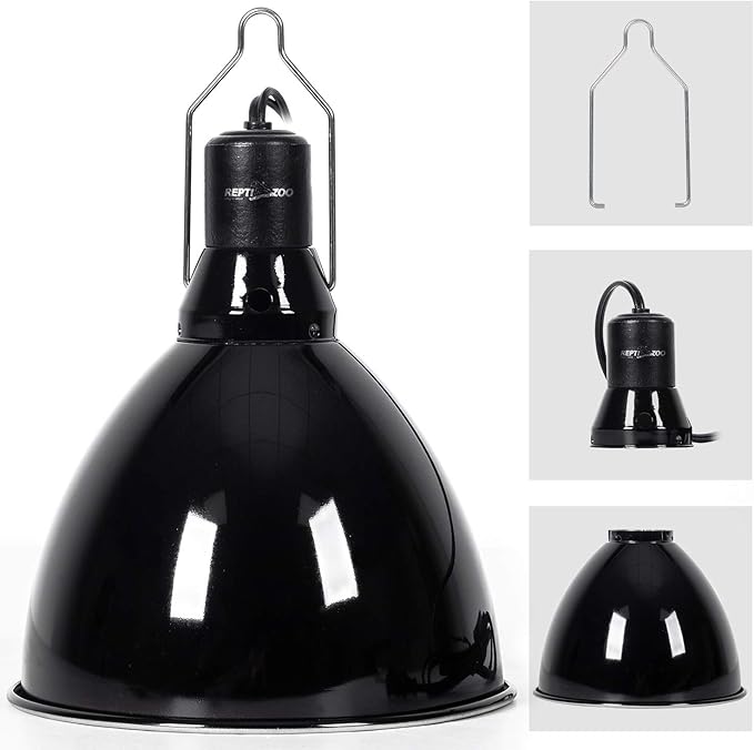 REPTI ZOO 8.5 inch Reptile Light Fixture 200W 2 in 1 E26 Base with Removable Ceramic Socket with On Off Toggle Switch in Black,Aquarium Dome Reptile UVB Light Socket Fixture (Without Bulbs)