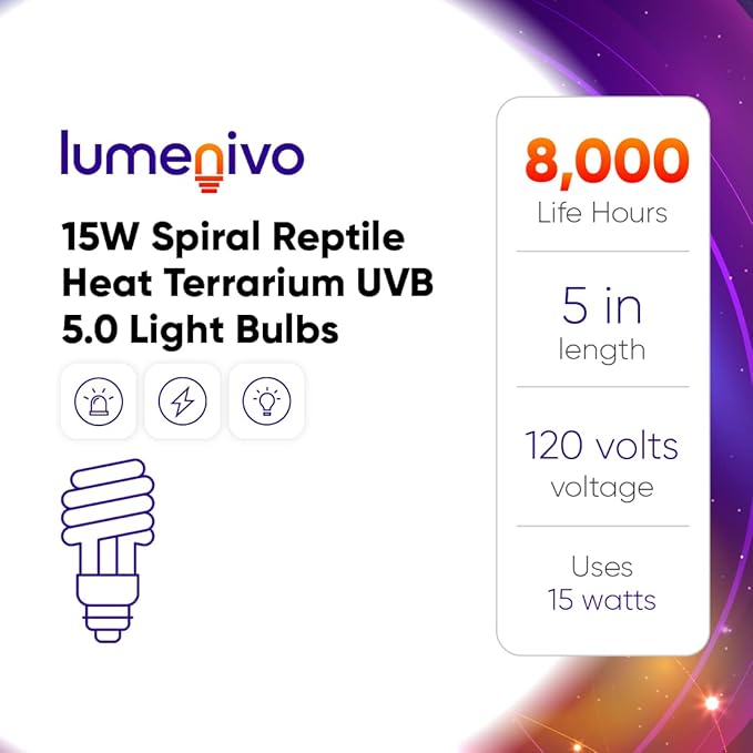 lumenivo 15 Watt UVB Reptile Light 5.0 15W Spiral Reptile Heat Terrarium Light Bulbs for Turtles, Gecko, Tortoise, Snake, Lizard, Chameleons, and Insects - 120V - 5 Pack