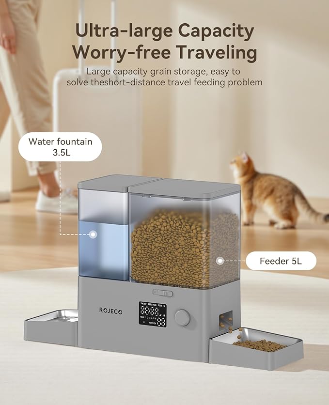 Rojeco 36Cups/8.5L Pet Automatic Cat Feeder and Gravity Water Dispenser,Stainless Steel Bowls 2-in-1 Set Large Capacity 5L Food Feeder and 3.5L Water Fountain for Cats,Pets,Small Dogs,Grey