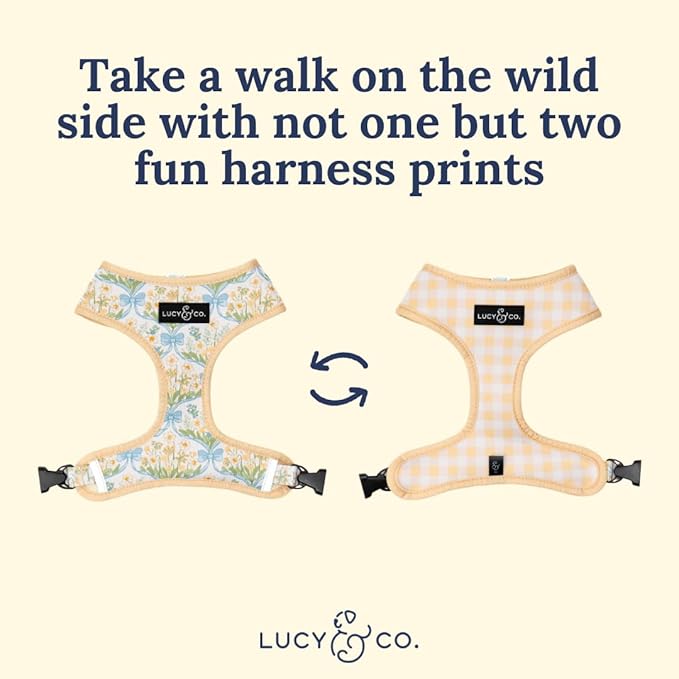 Lucy & Co. Sunshine and Daffodils Reversible Dog Harness, Adjustable Comfort Fit with Dual Leash Attachments, X-Large