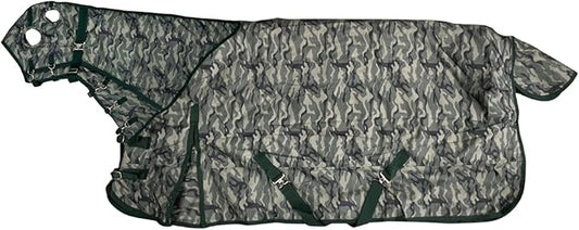 AJ Tack 1200D Waterproof Winter Horse Blanket with Hood - 400g Heavyweight Turnout with Fleece Collar, Shoulder Gussets & Tail Flap - Camouflage 78"