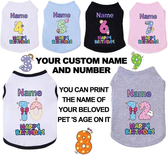 Custom Dog Birthday Shirt,Personalized Pet Apparel Print with Name Age Number,Pet Birthday Outfit,Lightweight Breathable Cotton Vest for Small Medium Large Dogs Cat (Black, 6X-Large)