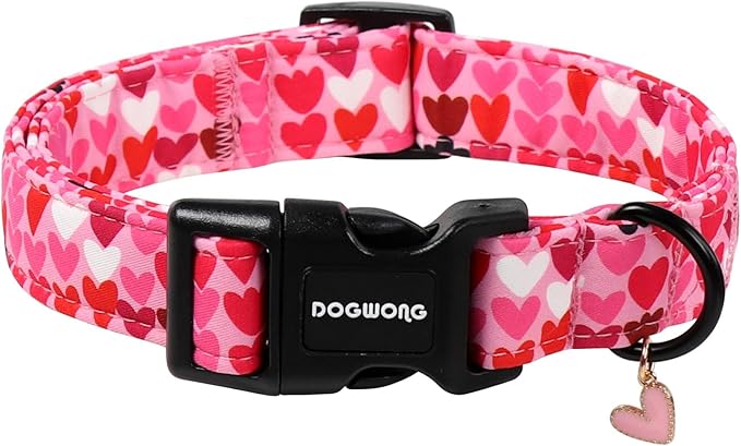 DOGWONG Valentine Dog Collar, Pink Heart Dog Collar, Girl Female Dog Collars with Strong Plastic Buckle for Medium Large Dogs,L