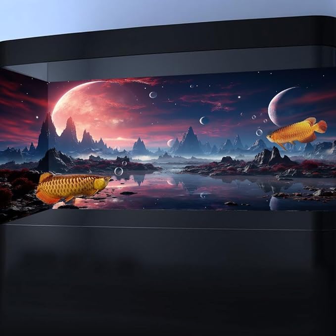 48X18IN Cosmic Spaceterrarium Background, Cool Parallel Space Themed Aquarium Reptile Habitat Background, Red Moon Aquarium Background with 10EVA Double-Sided Tape