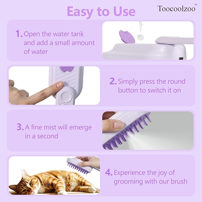 3-in-1 Cat Steam Brush, Rechargeable Cat Brush with Steam, Spritz Defur Comb for Dogs, Spritz Defur Comb for Cats (Purple)