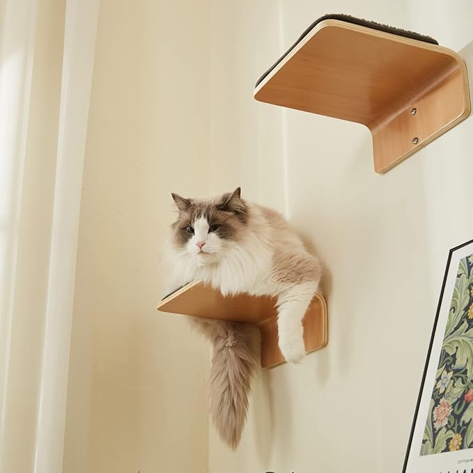 2 Set Cat Wall Steps - Wooden Cat Climbing Shelf for Wall - Cats Wall Stairs with Scratching Mat - Wall Mounted Cats Furniture for Jumping, Playing, and Lounging