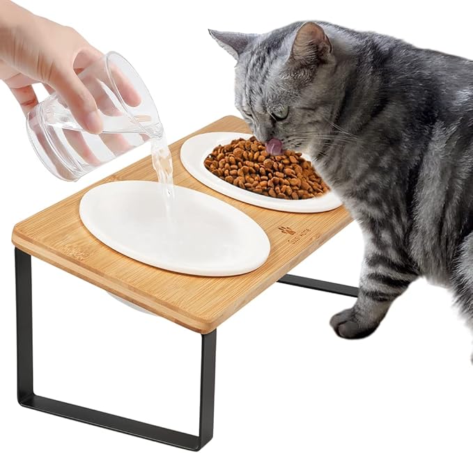 Sunhoo Ceramic Elevated Cat Bowls Raised Puppy Dishes for Food and Water Tilted Wooden Stand for Indoor Cats 5.5 inch Wide Double Dish Orthopedic Reduces Vomiting (Wood Color)