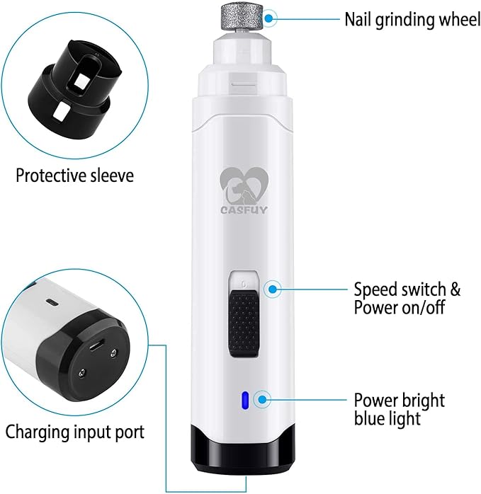 Casfuy Dog Nail Grinder Upgraded - Professional 2-Speed Electric Rechargeable Pet Nail Trimmer Painless Paws Grooming & Smoothing for Small Medium Large Dogs & Cats (White)