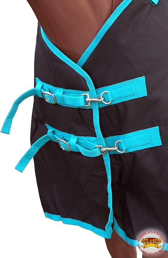 HILASON Black with Turquoise Trims 80 inch 1200D Winter Waterproof Poly Horse Turnout Blanket Belly Wrap