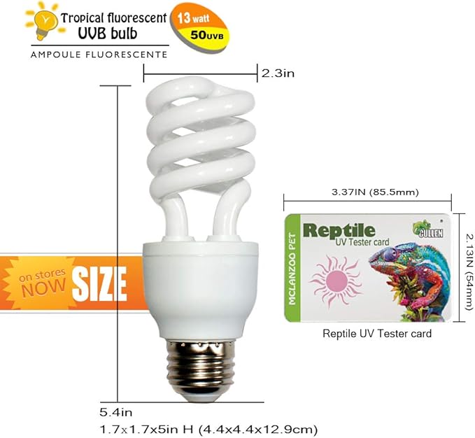 UVA UVB Light Reptile Bulb 10.0 13W Desert Compact Fluorescent Terrarium Lamp for Bearded Dragon, Turtle, Snake, Gecko, Lizard With UV Tester Card