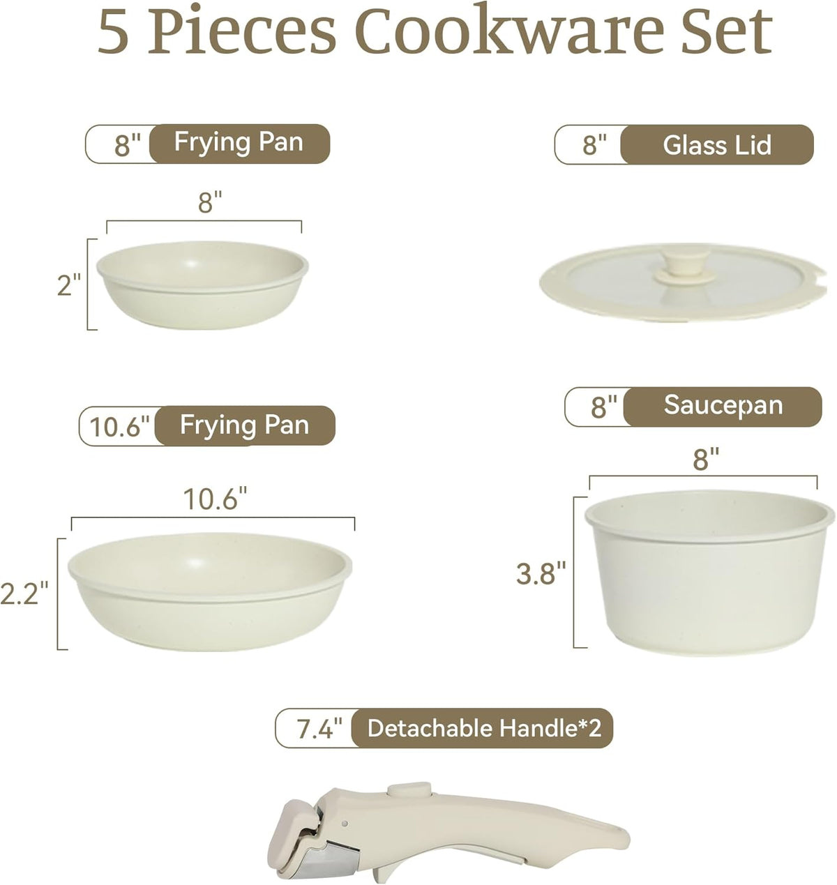 5PCS Pots and Pans Set Non Stick, Kitchen Cookware Sets with Detachable Handle, Induction Cookware Sets, Non Stick RV Cookware Cooking Set, Dishwasher ＆ Oven Safe, PFOA Free, Cream White