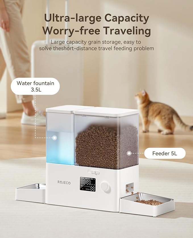 Rojeco 36Cups/8.5L Pet Automatic Cat Feeder and Gravity Water Dispenser,Stainless Steel Bowls 2-in-1 Set Large Capacity 5L Food Feeder and 3.5L Water Fountain for Cats,Pets,Small Dogs,Puppies,Kittens