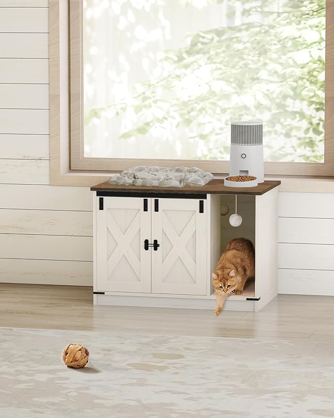 Cat Litter Box Enclosure, Hidden Litter Box Cabinet Furniture with Bell, Indoor Cats House, Farmhouse Style, 31.5 x 19.7 x 20.9Inches, for Hallway, Bedroom, Rustic Brown and White CB82414X