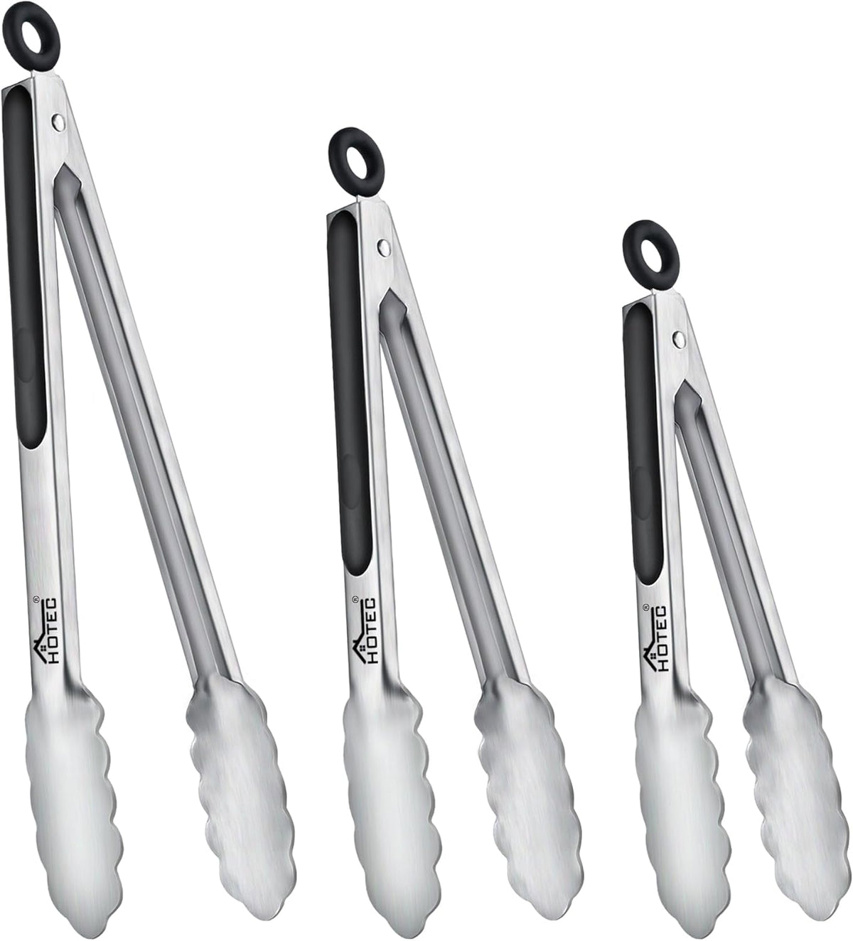 Hotec Stainless Steel Kitchen Tongs, Set of 2-9" and 12", Locking Metal Food Tongs for Cooking, Serving, BBQ, Grill Non-Slip Grip