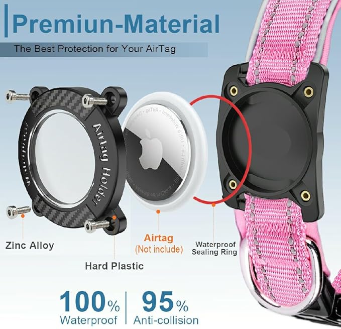 Upgraded AirTag Dog Collar, IP68 Waterproof Dog Collar with Apple Air Tag Holder, Reflective Adjustable Heavy Duty Dog Collars with Soft Padded for Small, Medium and Large Dogs,Pink, M