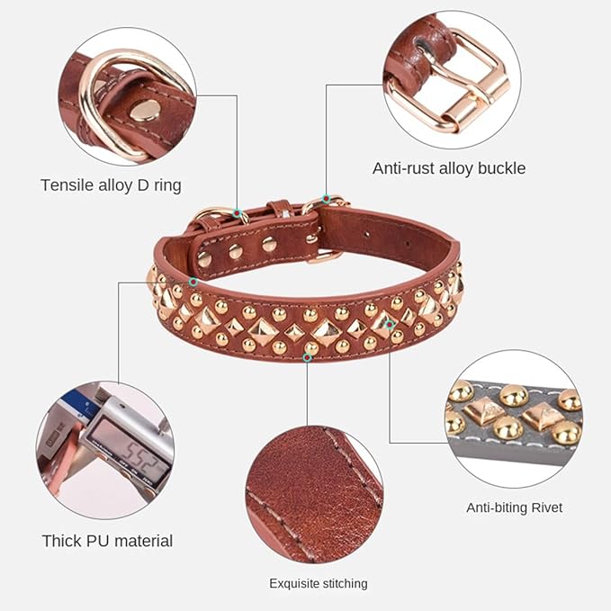 Spiked Dog Collar Soft Pu Leather Mushrooms Rivet Spike Studded Puppy Adjustable Pet Collars for Small Breeds (XS, Grey3)