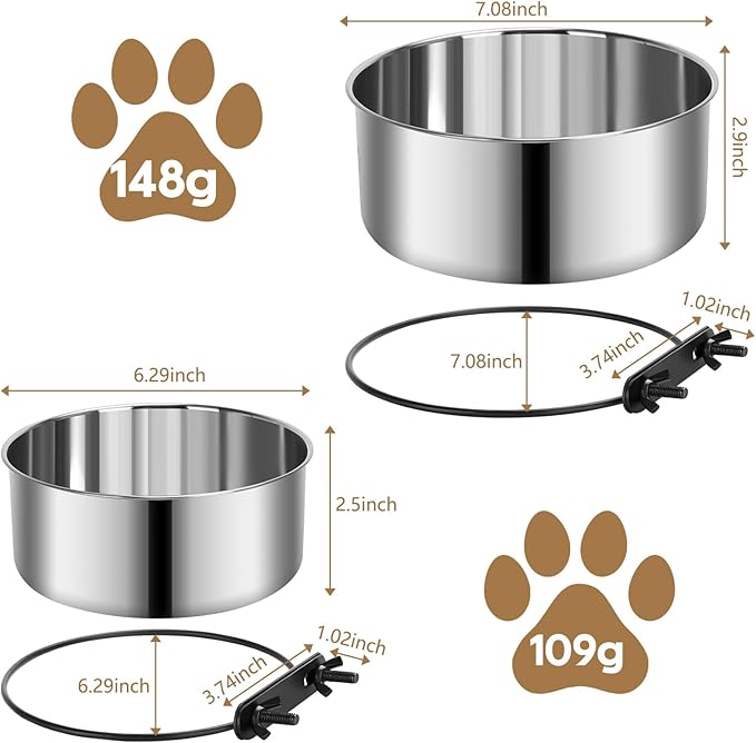 2 Pack Large Kennel Bowls Mountable,Dog Crate Water Bowl No Spill,Hanging Dog Bowl for Crate Cage,Stainless Steel Dogs Water Feeder Dish for Dogs Cats Bunny Ferret Bird,Silver