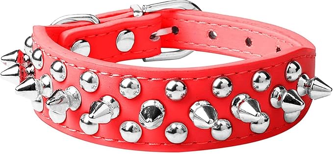 Spiked Dog Collar Soft Pu Leather Mushrooms Rivet Spike Studded Puppy Adjustable Pet Collars for Small Breeds (M, Red)