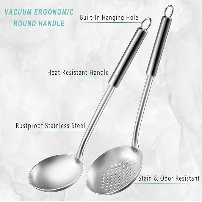 Pleafind 2-Pcs Ladle and Slotted Spoon, Soup Ladle and Strainer Spoons, Stainless Steel Cooking Spoon and Skimmer Spoons, Kitchen Utensils, Wok Utensils for Home and Restaurant, Dishwasher Safe