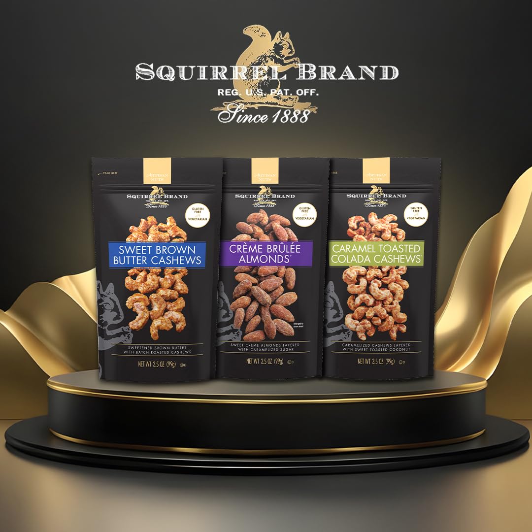 Squirrel Brand Sweet Brown Butter Cashews, 3.5 oz Resealable Bag, Gourmet Flavored Cashews Nuts, Gluten Free, Vegetarian