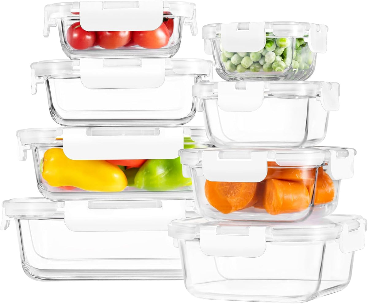 8 Pack Borosilicate Glass Food Storage Containers with Lids, Glass Meal Prep Containers, Airtight Bento Lunch Boxes with Leak Proof Locking, Oven, Freezer and Dishwasher Safe, BPA Free, 5-35oz
