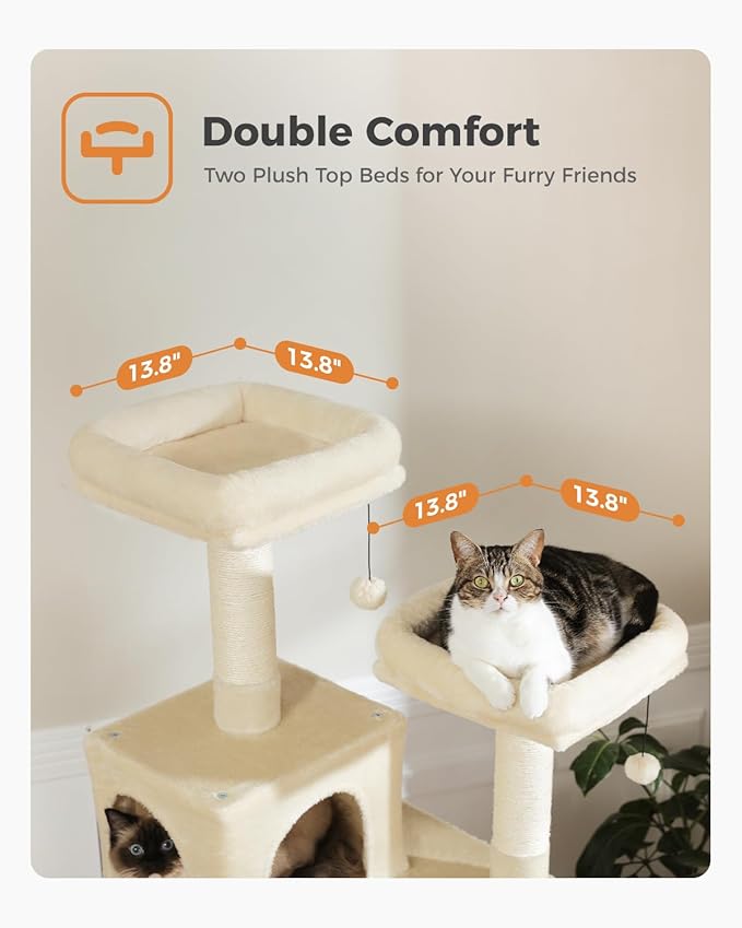 PAWZ Road 70 Inch Cat Tower, Tall Cat Tree with 2 Cozy Condos, 2 Plush Perch, Large Basket, 2 Scraching Pad & 6 Scraching Posts for Indoor Cats Large Adult, Beige