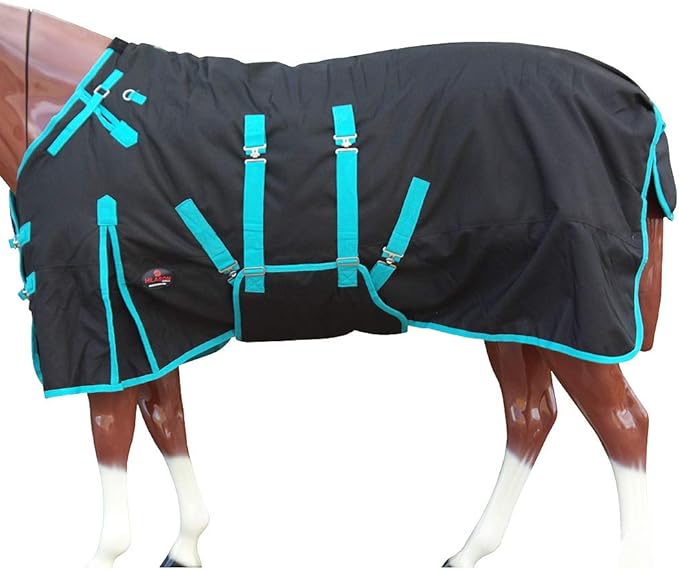 HILASON Black with Turquoise Trims 84 inch 1200D Winter Waterproof Poly Horse Turnout Blanket Belly Wrap