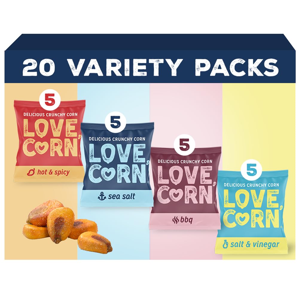 LOVE CORN Fab Four Variety Pack – Hot & Spicy, Sea Salt, BBQ, Salt & Vinegar – Crunchy Roasted Corn Snacks, Vegan, Gluten Free – Lunchbox, Office & On-the-Go, Alternative to Chips – 0.7oz × 20 Bags