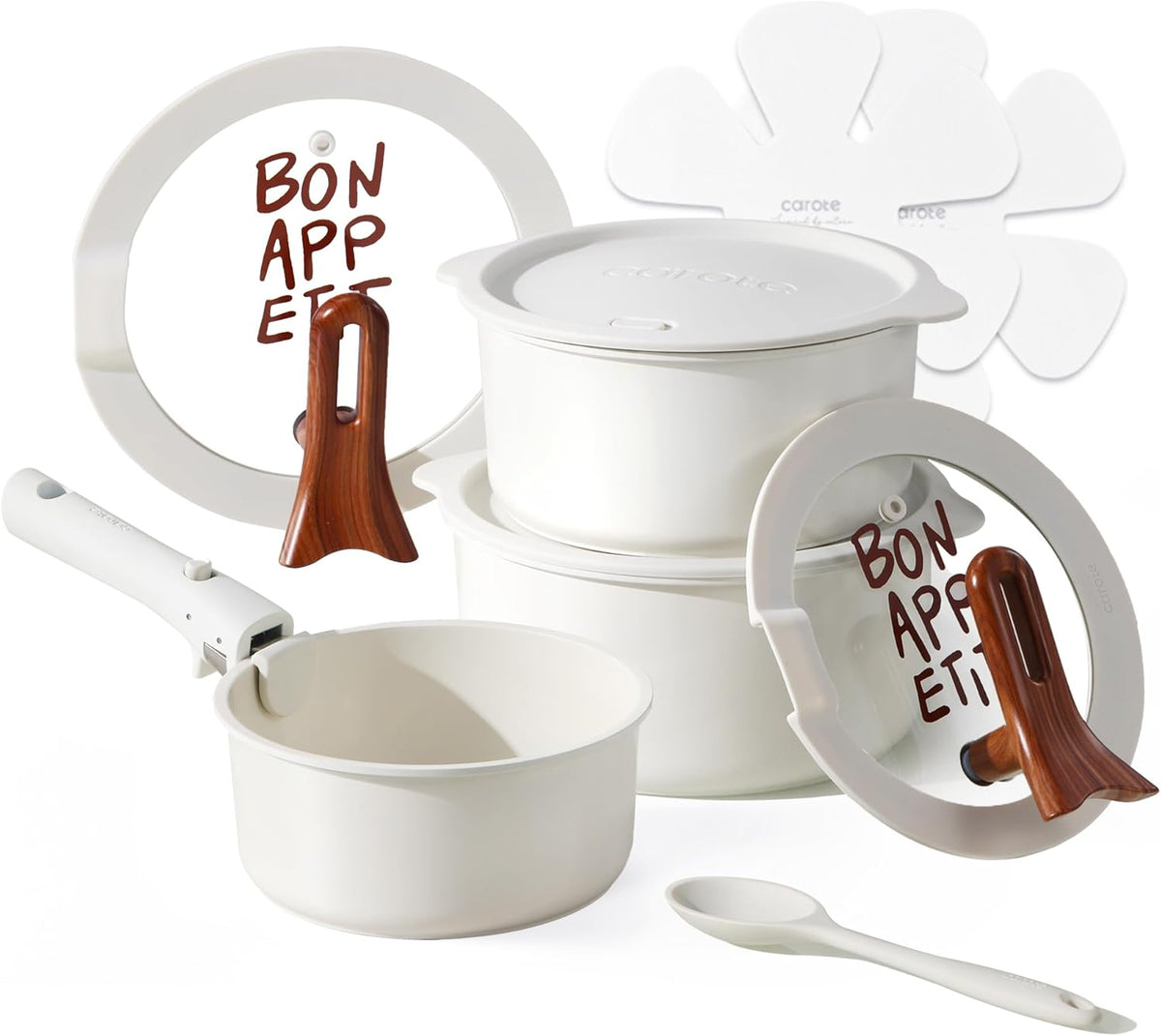 CAROTE Ceramic Pots and Pans Set Non Stick, Nonstick Kitchen Cookware Sets with Lid, Detachable Handle Sauté Pan Set, Non Toxic Frying Pan, Oven Safe, Induction Ready, Pink